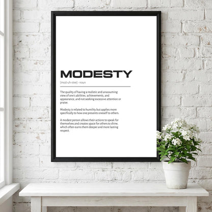Modesty Definition Wall Art | Clean Humility & Reserve Print | Minimalist Character Poster | Modern Home Gallery Decor | White Typography