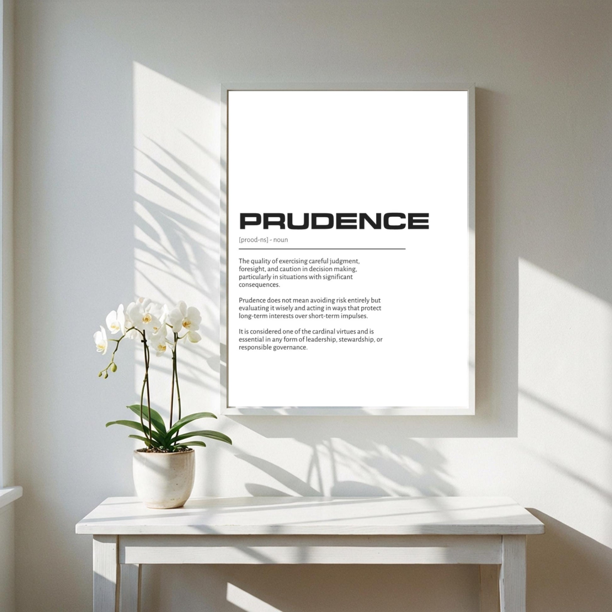 Prudence Definition Wall Art | Clean Wisdom & Practical Reason Print | Minimalist Character Poster | Modern Home Gallery Decor | White