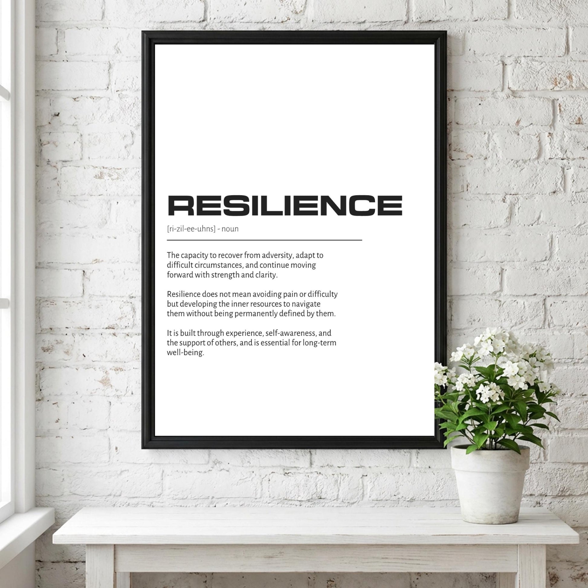Resilience Definition Wall Art | Clean Strength & Recovery Print | Minimalist Character Poster | Modern Home Gallery Decor | White