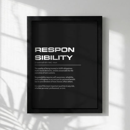 Responsibility Definition Wall Art | Bold Accountability & Duty Print | Minimalist Character Poster | Modern Home Gallery Decor | Dark