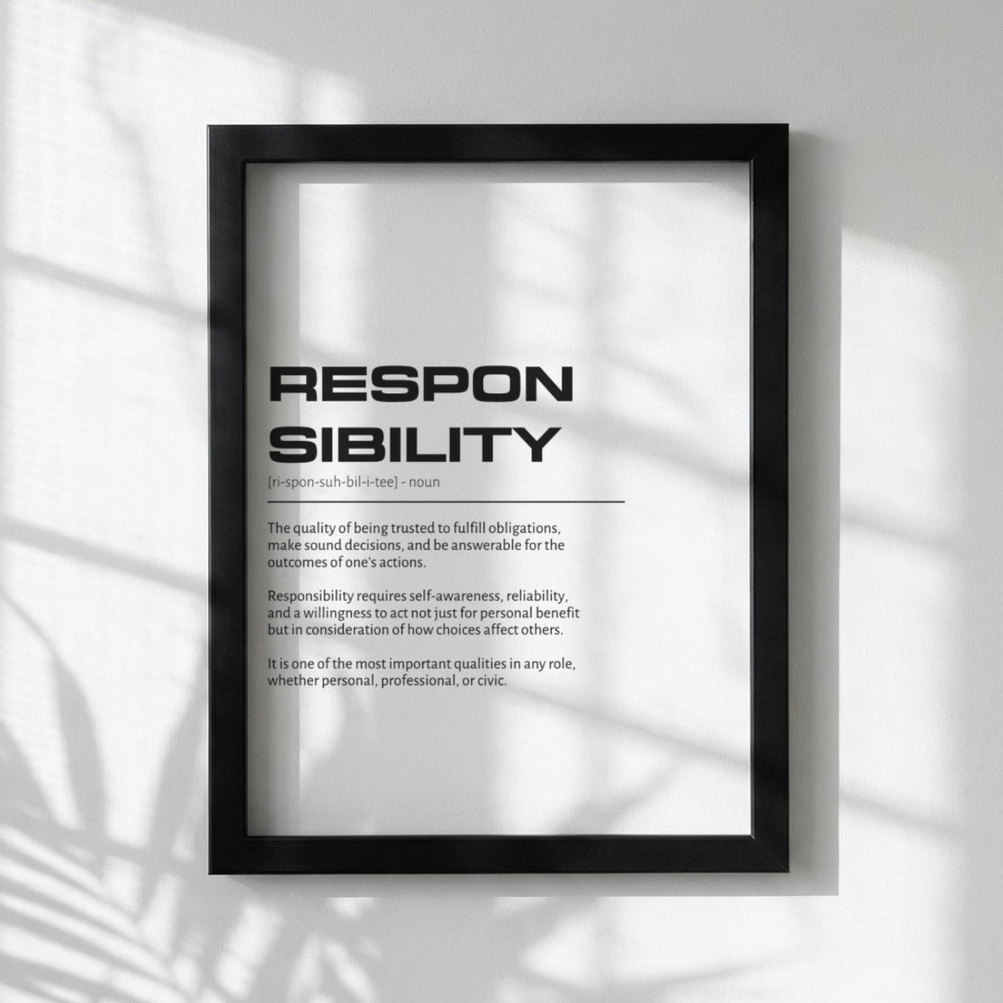 Responsibility Definition Wall Art | Clean Accountability & Duty Print | Minimalist Character Poster | Modern Home Gallery Decor | White