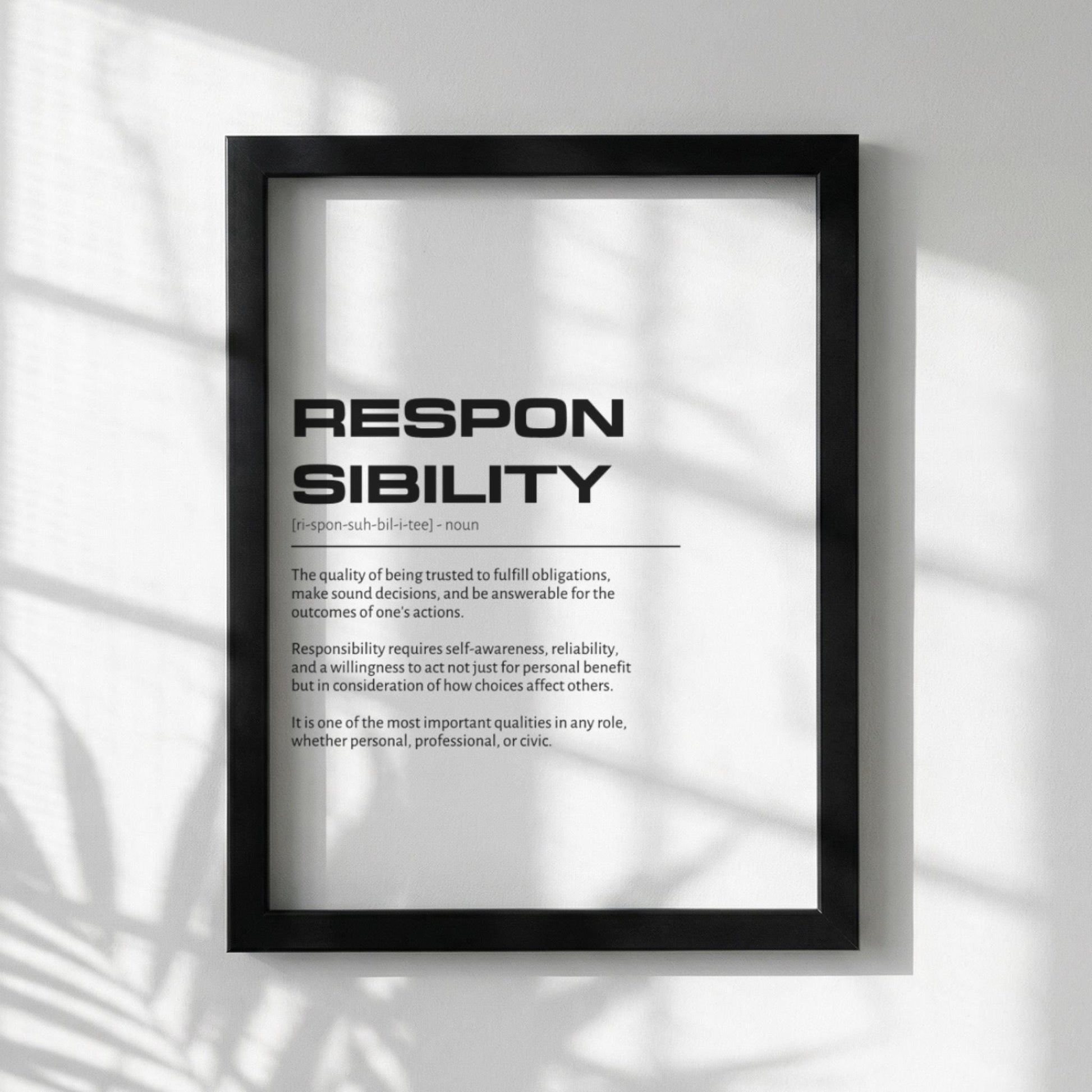 Responsibility Definition Wall Art | Clean Accountability & Duty Print | Minimalist Character Poster | Modern Home Gallery Decor | White