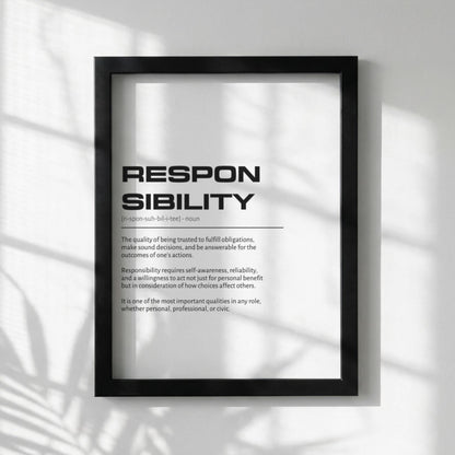 Responsibility Definition Wall Art | Clean Accountability & Duty Print | Minimalist Character Poster | Modern Home Gallery Decor | White