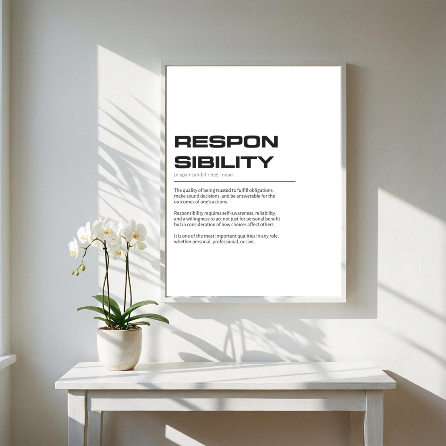 Responsibility Definition Wall Art | Clean Accountability & Duty Print | Minimalist Character Poster | Modern Home Gallery Decor | White