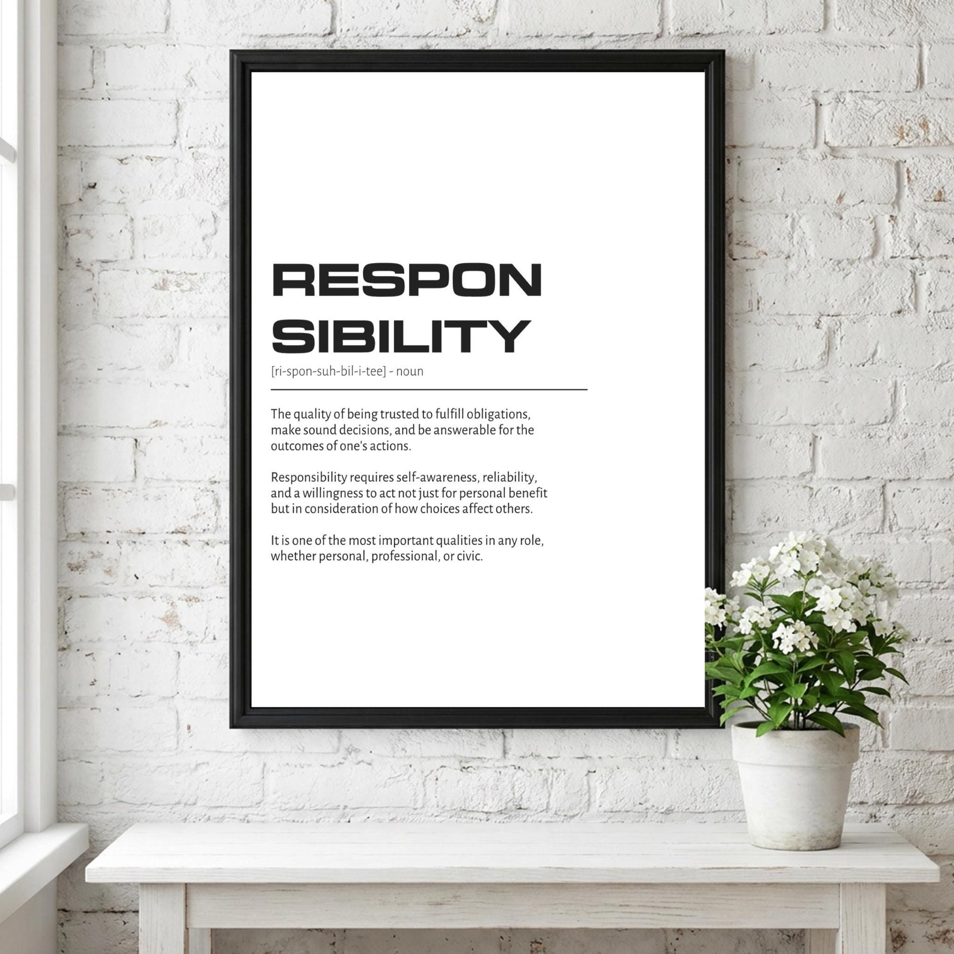 Responsibility Definition Wall Art | Clean Accountability & Duty Print | Minimalist Character Poster | Modern Home Gallery Decor | White