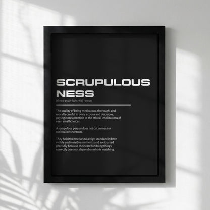 Scrupulousness Definition Wall Art | Bold Integrity & Precision Print | Minimalist Character Poster | Modern Home Gallery Decor | Dark