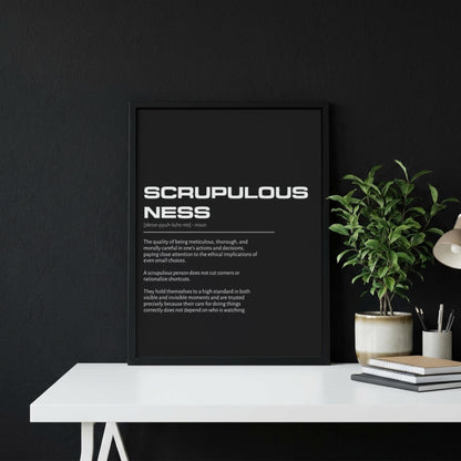 Scrupulousness Definition Wall Art | Bold Integrity & Precision Print | Minimalist Character Poster | Modern Home Gallery Decor | Dark