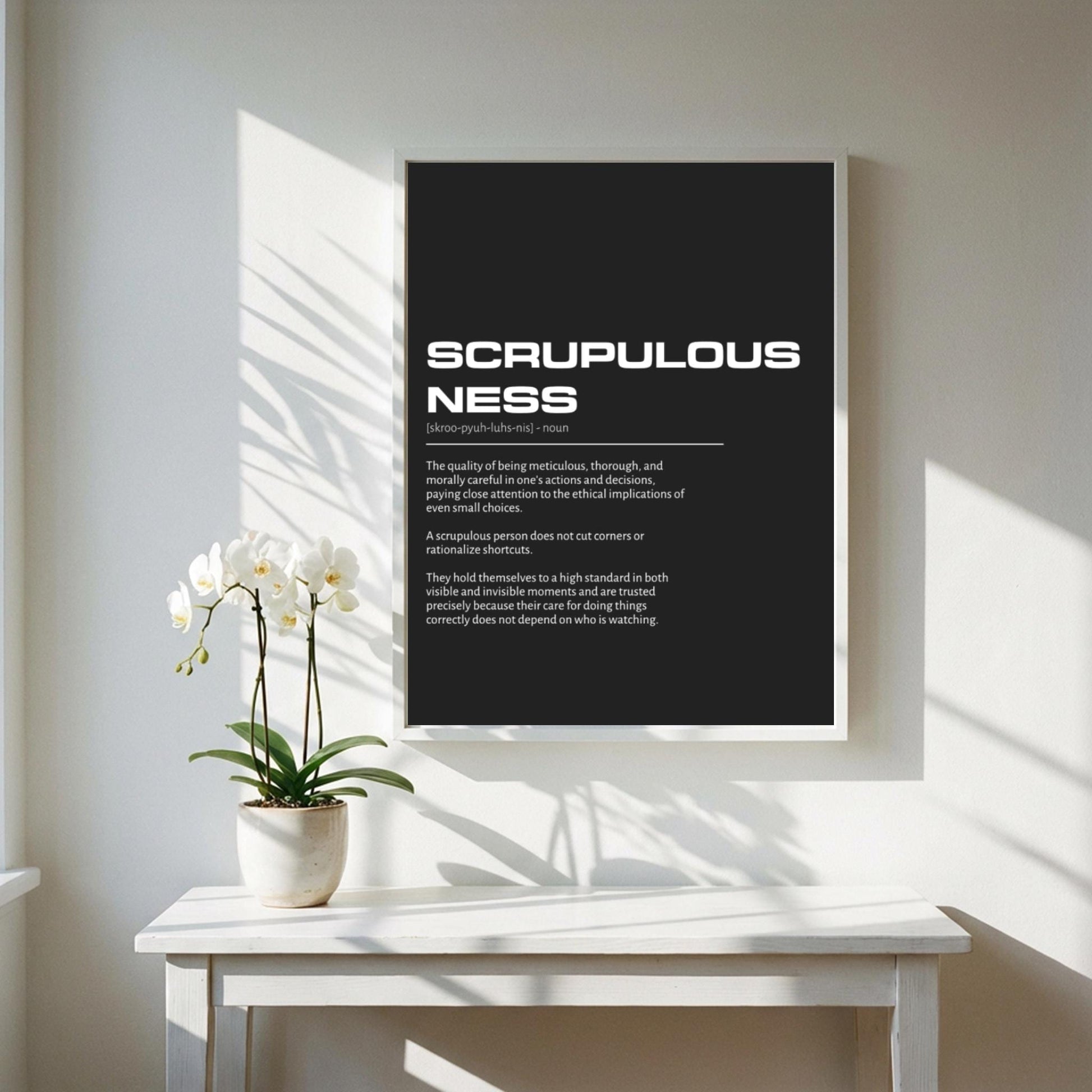 Scrupulousness Definition Wall Art | Bold Integrity & Precision Print | Minimalist Character Poster | Modern Home Gallery Decor | Dark