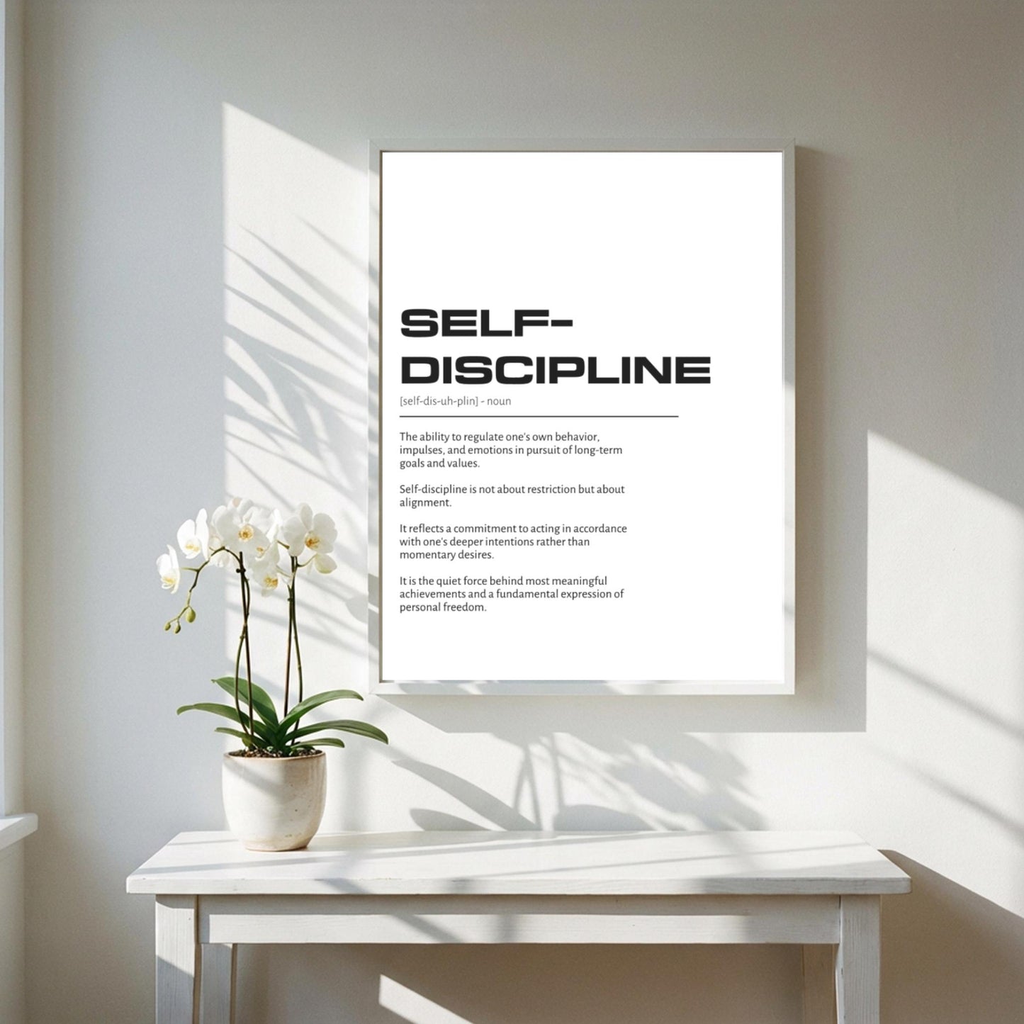 Self-discipline Definition Wall Art | Clean Mastery & Willpower Print | Minimalist Character Poster | Modern Home Gallery Decor | White