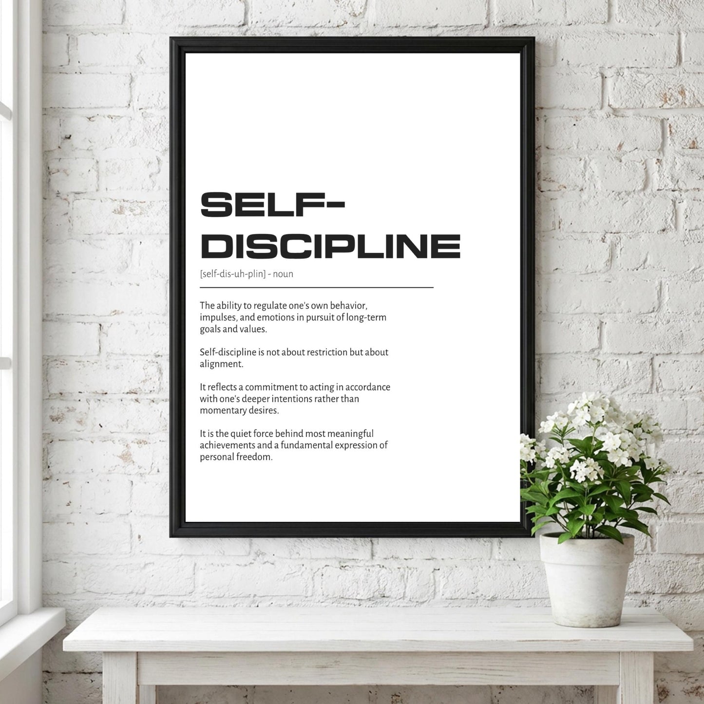 Self-discipline Definition Wall Art | Clean Mastery & Willpower Print | Minimalist Character Poster | Modern Home Gallery Decor | White