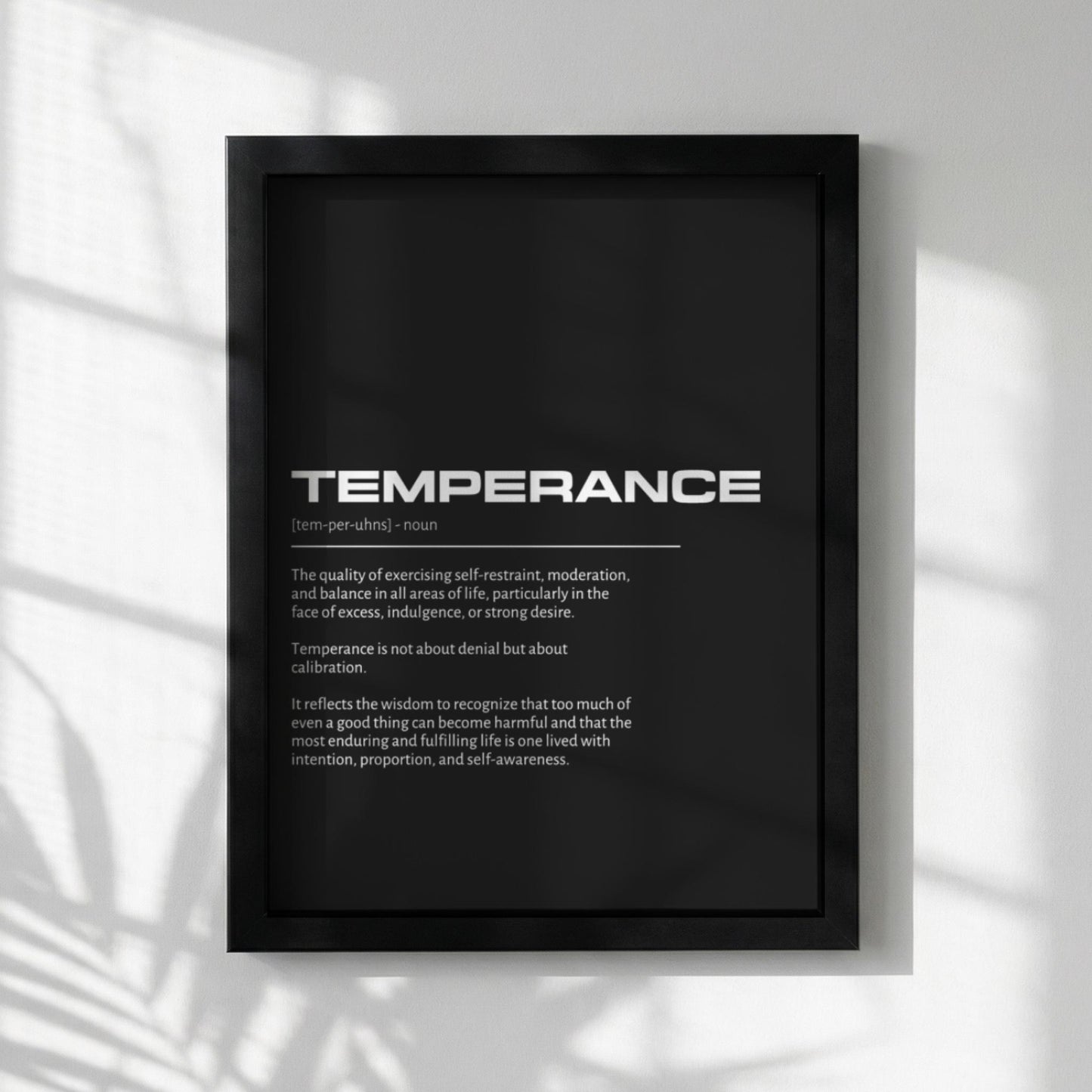 Temperance Definition Wall Art | Bold Moderation & Balance Print | Minimalist Character Poster | Modern Home Gallery Decor | Dark Typography