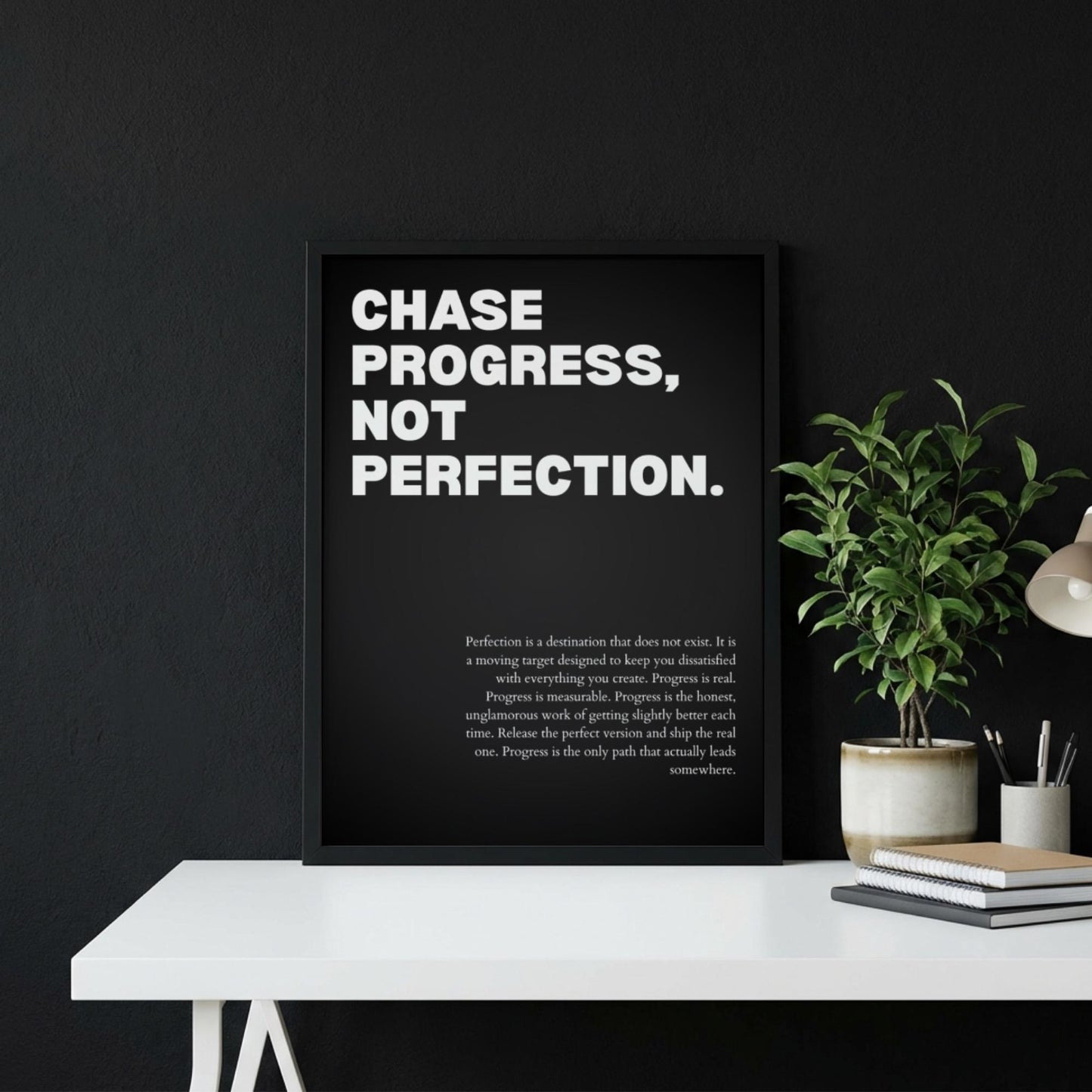 Chase Progress Not Perfection Poster | Powerful Motivational Art | Inspirational Success Quote | Modern Office Decor