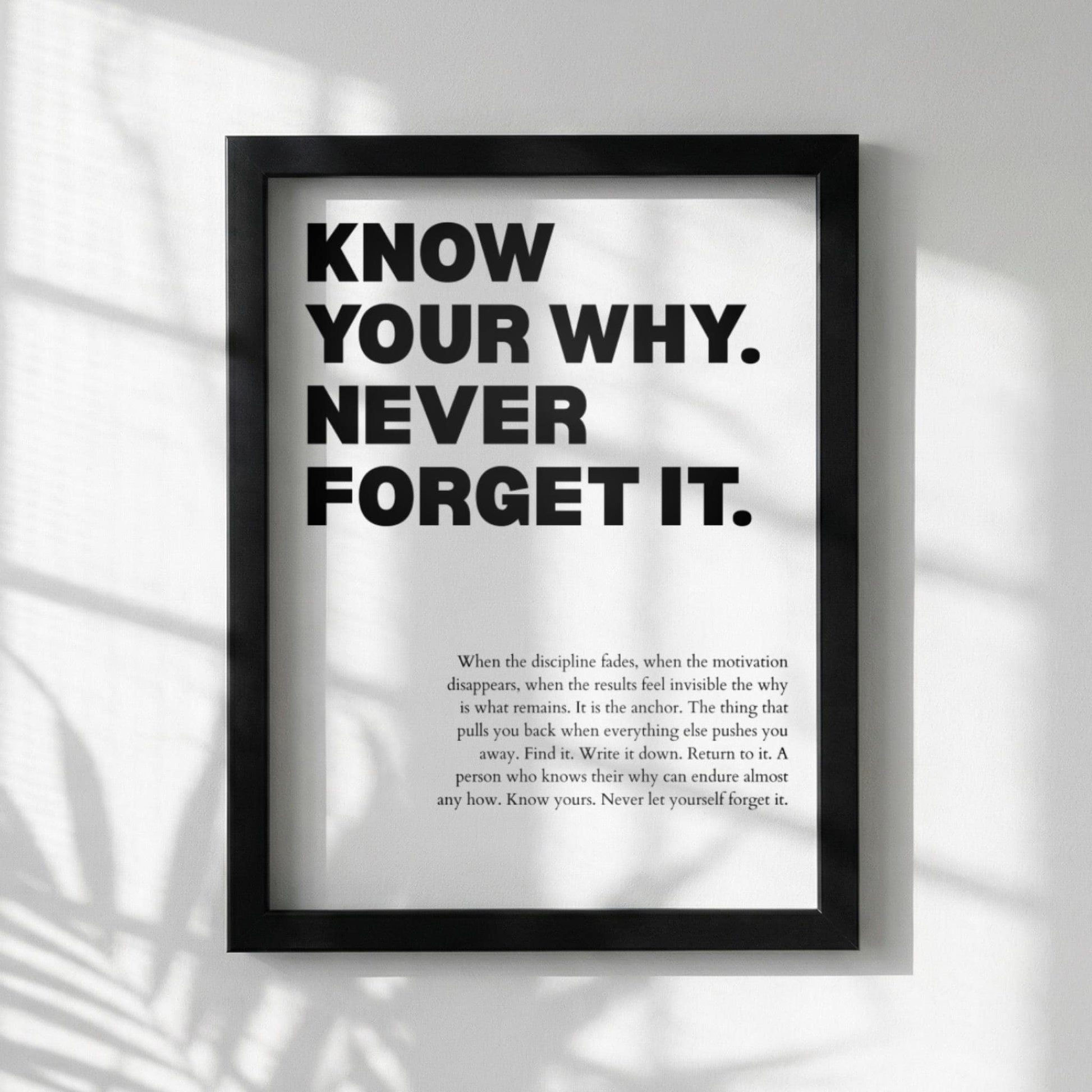 Know Your Why Never Forget It Poster | Powerful Motivational Wall Art | Success Quote | Modern Office Decor