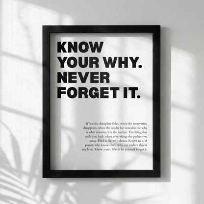 Know Your Why Never Forget It Poster | Powerful Motivational Wall Art | Success Quote | Modern Office Decor