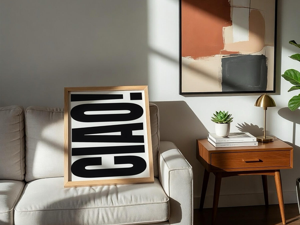 Ciao in Black | Minimalist Italian Wall Art Print | Modern Black Typography Poster | Elegant Home Decor for Bedroom Kitchen Bar Aesthetic