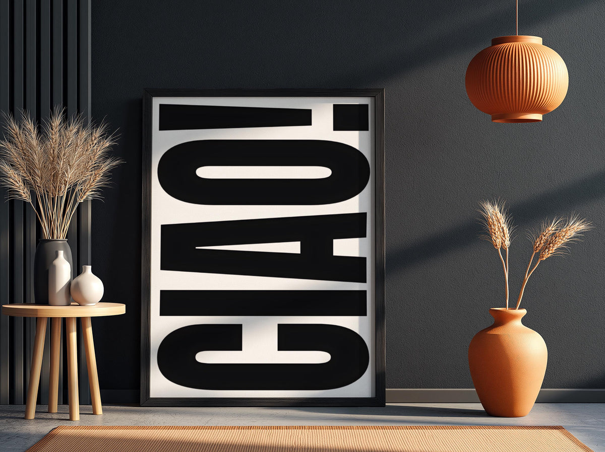 Ciao in Black | Minimalist Italian Wall Art Print | Modern Black Typography Poster | Elegant Home Decor for Bedroom Kitchen Bar Aesthetic