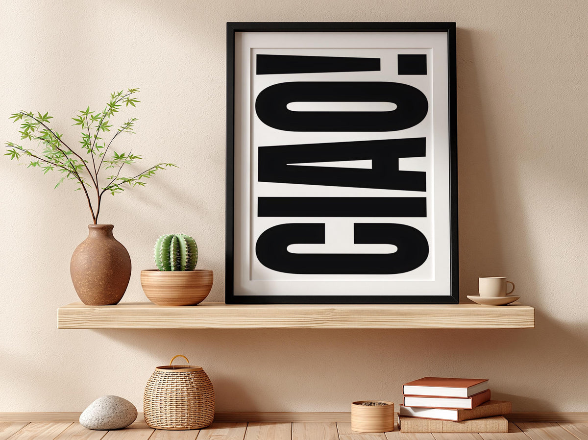 Ciao in Black | Minimalist Italian Wall Art Print | Modern Black Typography Poster | Elegant Home Decor for Bedroom Kitchen Bar Aesthetic