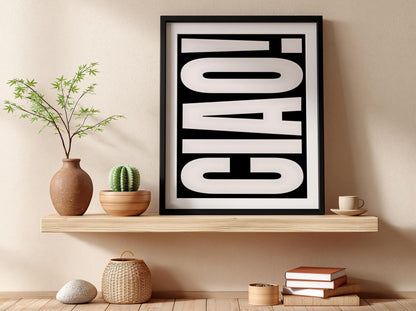 Ciao in White | Minimalist Italian Wall Art Print | Modern White Typography Poster | Elegant Home Decor for Dark Walls Bedroom Bar Style