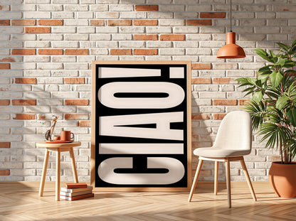 Ciao in White | Minimalist Italian Wall Art Print | Modern White Typography Poster | Elegant Home Decor for Dark Walls Bedroom Bar Style