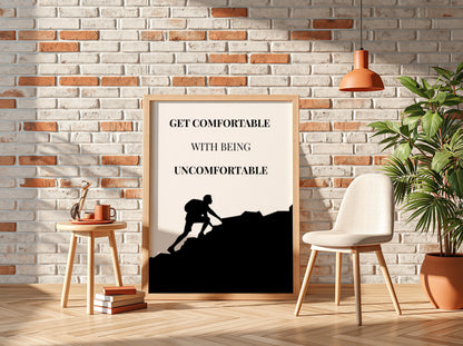 Uncomfortable Poster | Motivational Wall Art | Growth Mindset Quote Print | Push Your Limits Decor | Minimalist Office Typography