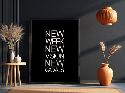 New Week New Vision New Goals Poster | Powerful Black Wall Art | Motivational Quote Print | Goal Setting Decor | Bold Typography Design
