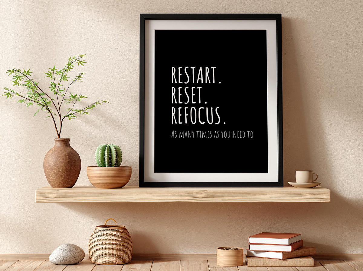 Restart Reset Refocus Poster | Powerful Black Wall Art | Motivational Quote Print | Mindset Reset Decor | Bold Typography Design