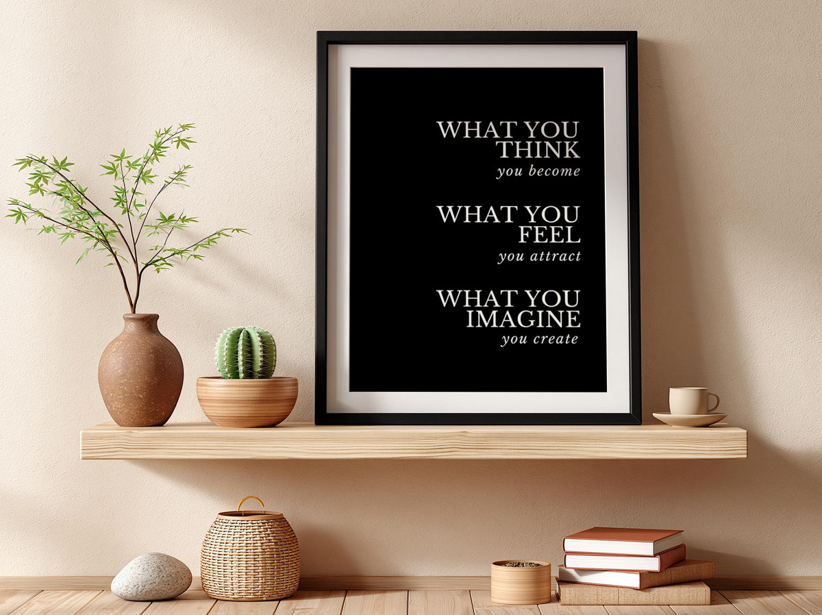 What You Think You Become Poster | Powerful Black Wall Art | Motivational Quote Print | Mindset Decor | Bold Typography Design