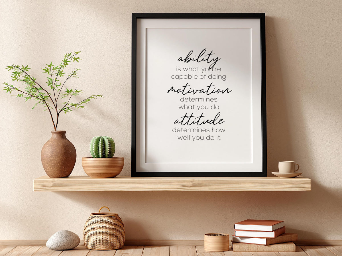 Ability Motivation Attitude Poster | Powerful White Wall Art | Motivational Quote Print | Mindset Decor | Bold Typography Design