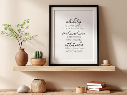 Ability Motivation Attitude Poster | Powerful White Wall Art | Motivational Quote Print | Mindset Decor | Bold Typography Design