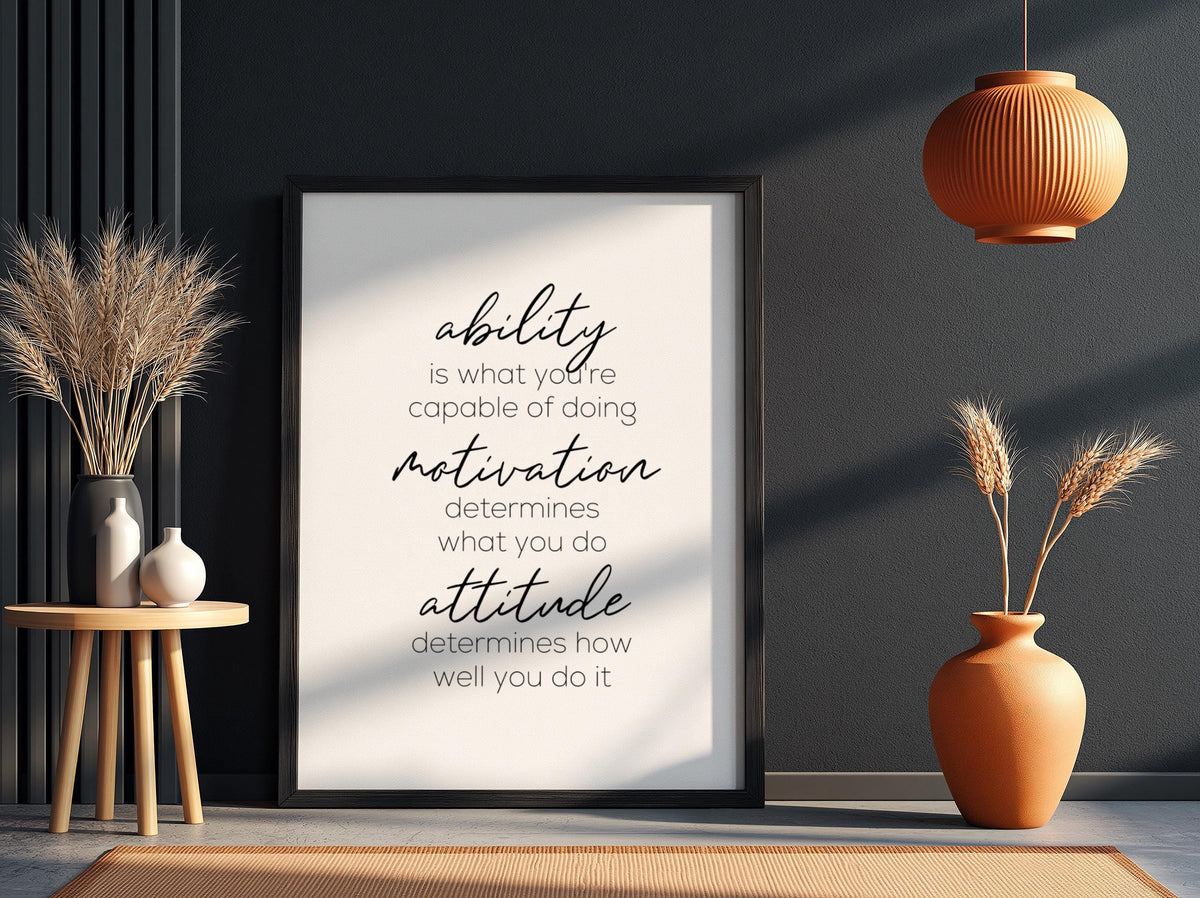 Ability Motivation Attitude Poster | Powerful White Wall Art | Motivational Quote Print | Mindset Decor | Bold Typography Design