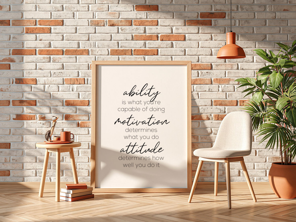 Ability Motivation Attitude Poster | Powerful White Wall Art | Motivational Quote Print | Mindset Decor | Bold Typography Design