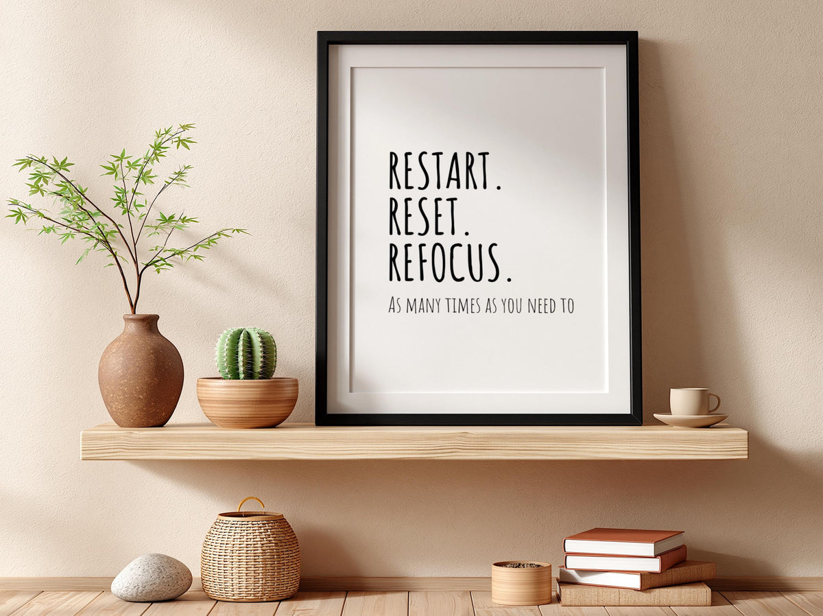 Restart Reset Refocus Poster | White Minimalist Wall Art Print | Motivational Quote | Mindset Reset Decor | Clean Typography Design