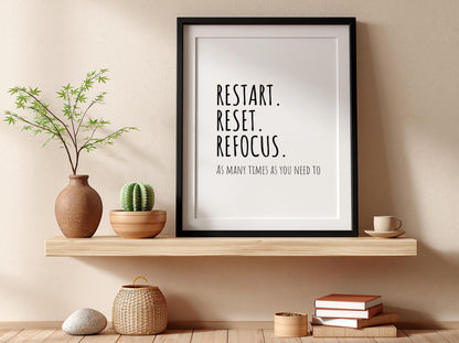 Restart Reset Refocus Poster | White Minimalist Wall Art Print | Motivational Quote | Mindset Reset Decor | Clean Typography Design