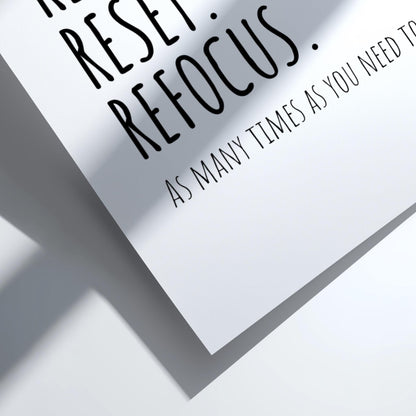 Restart Reset Refocus Poster | White Minimalist Wall Art Print | Motivational Quote | Mindset Reset Decor | Clean Typography Design