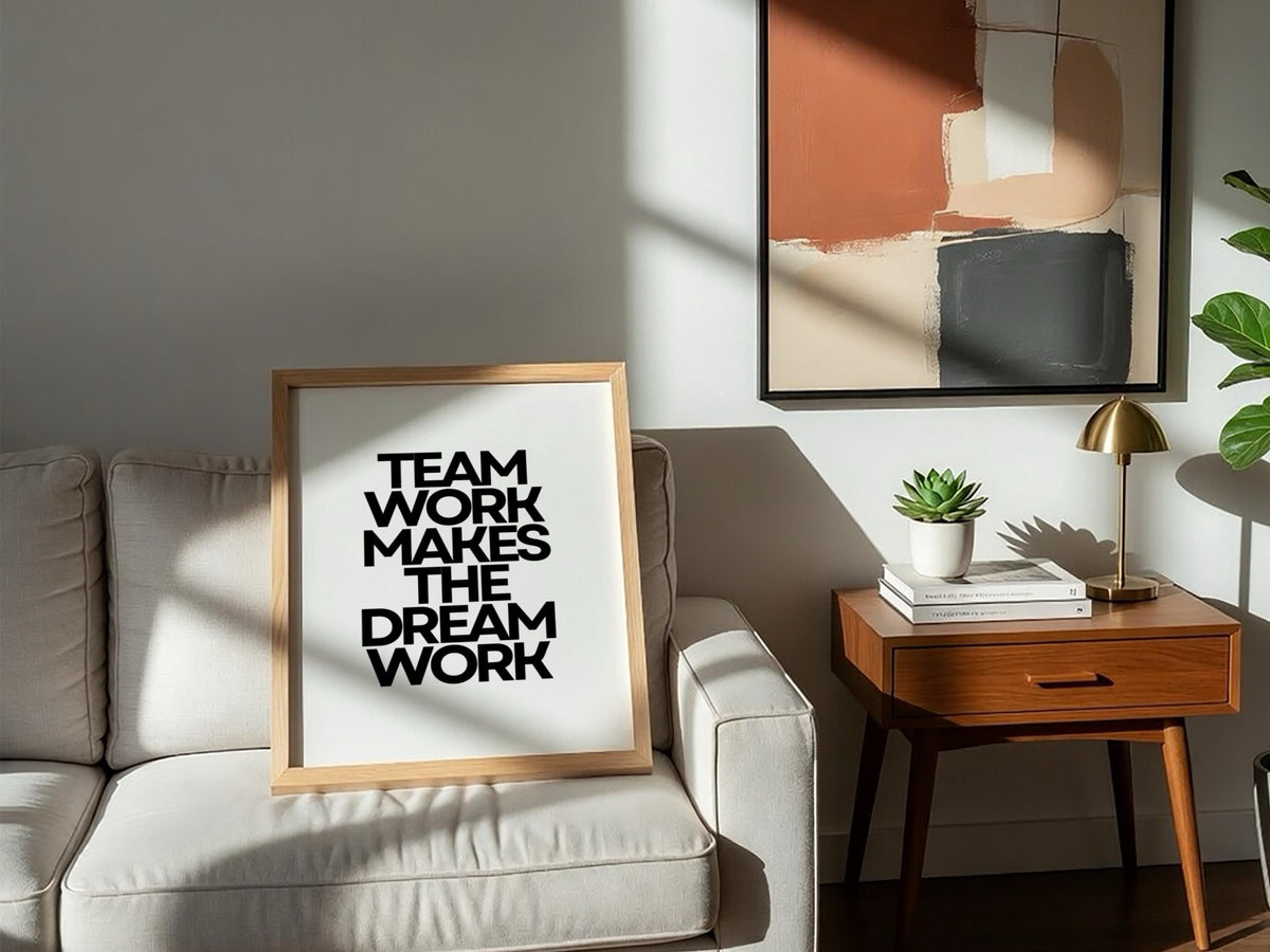 Team Work Poster | White Minimalist Wall Art Print | Motivational Quote | Collaboration & Leadership Decor | Clean Typography Design