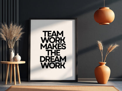 Team Work Poster | White Minimalist Wall Art Print | Motivational Quote | Collaboration & Leadership Decor | Clean Typography Design