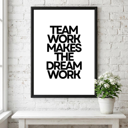 Team Work Poster | White Minimalist Wall Art Print | Motivational Quote | Collaboration & Leadership Decor | Clean Typography Design