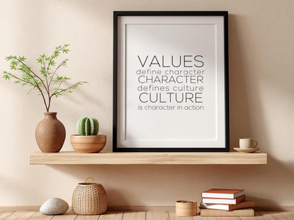 Values Character Culture Poster | White Minimalist Wall Art Print | Motivational Quote | Leadership & Identity Decor