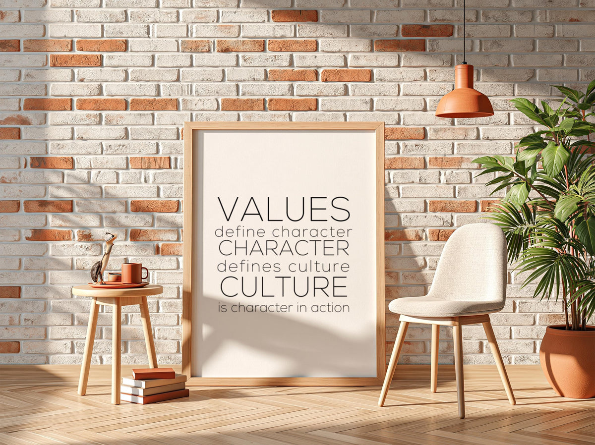 Values Character Culture Poster | White Minimalist Wall Art Print | Motivational Quote | Leadership & Identity Decor