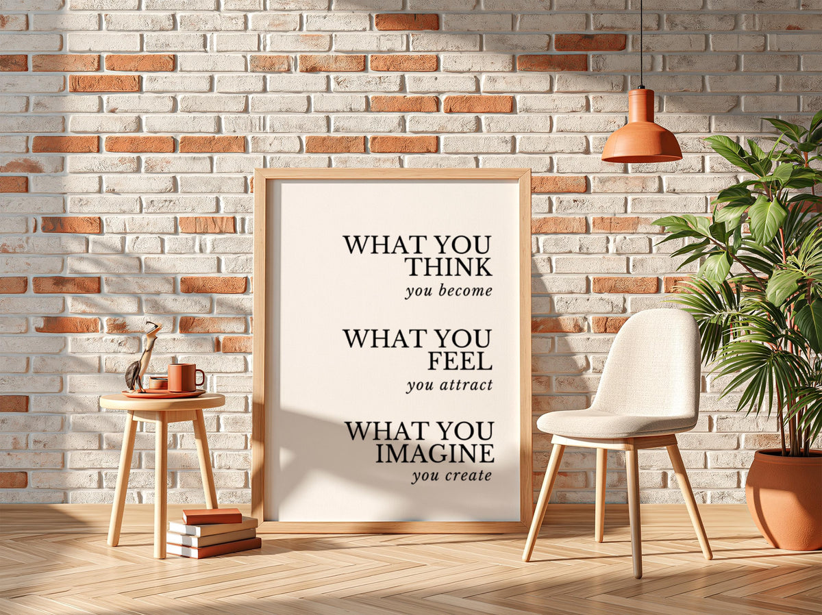 What You Think You Become Poster | White Minimalist Wall Art Print | Motivational Quote | Mindset & Self Growth Decor