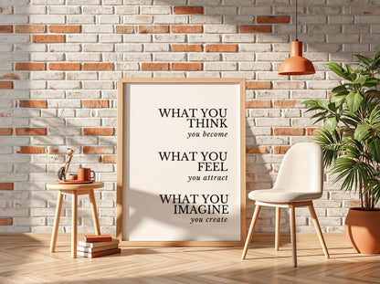 What You Think You Become Poster | White Minimalist Wall Art Print | Motivational Quote | Mindset & Self Growth Decor