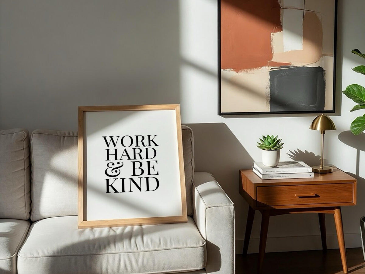 Work Hard & Be King Poster | White Minimalist Wall Art Print | Motivational Quote | Ambition and Success Decor