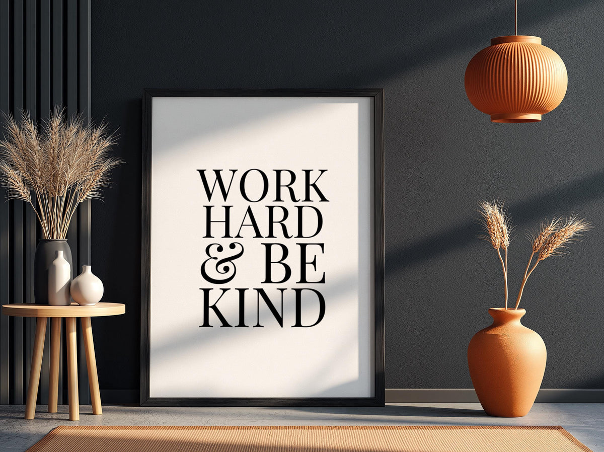 Work Hard & Be King Poster | White Minimalist Wall Art Print | Motivational Quote | Ambition and Success Decor