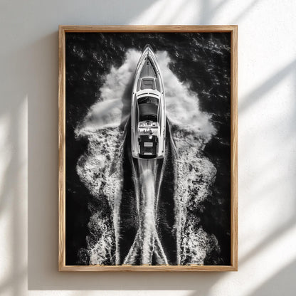 Aerial Speedboat Ocean Wake Poster | Black and White Photography Print | Coastal Wall Art | Modern Nautical Decor | Fine Art Photo