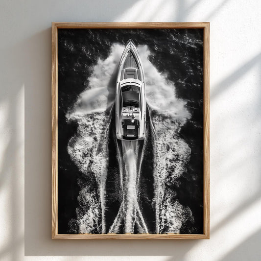 Aerial Speedboat Ocean Wake Poster | Black and White Photography Print | Coastal Wall Art | Modern Nautical Decor | Fine Art Photo