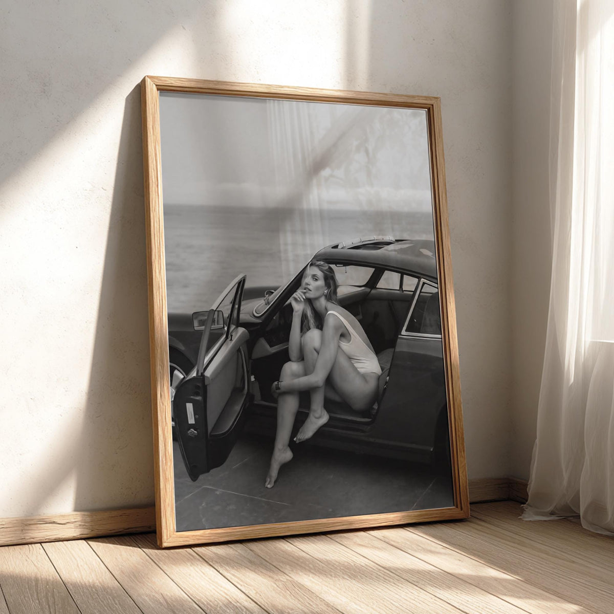 Beach Roadster Getaway Poster | Black and White Photography Print | Vintage Car Wall Art | Coastal Lifestyle Decor | Monochrome Photo