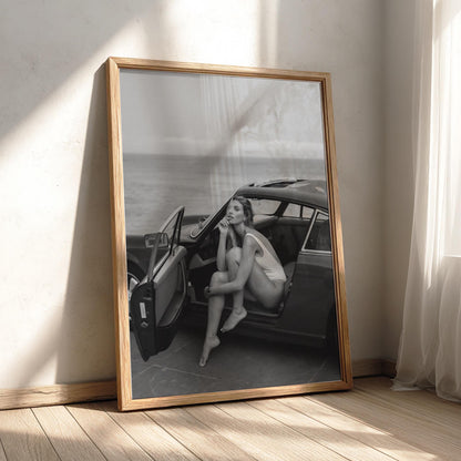 Beach Roadster Getaway Poster | Black and White Photography Print | Vintage Car Wall Art | Coastal Lifestyle Decor | Monochrome Photo