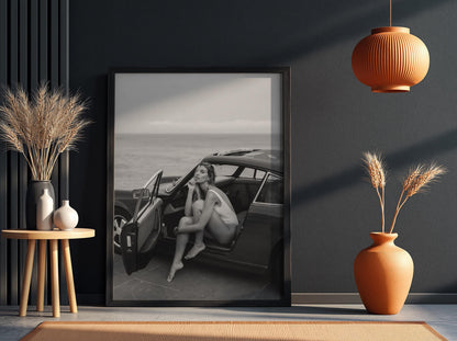 Beach Roadster Getaway Poster | Black and White Photography Print | Vintage Car Wall Art | Coastal Lifestyle Decor | Monochrome Photo
