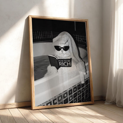 Cat Reading How To Be Rich Poster | Black and White Art Print | Funny Animal Wall Decor | Vintage Style Home Artwork