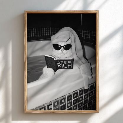 Cat Reading How To Be Rich Poster | Black and White Art Print | Funny Animal Wall Decor | Vintage Style Home Artwork